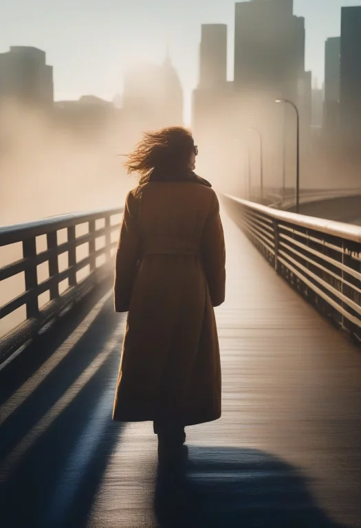 A Windblown Coat On A Foggy City Bridge, Film Photography, H...