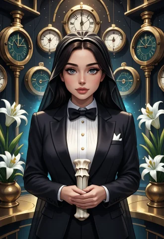A Ritual Chamber Filled With Hundreds Of Clocks All Stopped... — Stable Diffusion AI Prompt: A ritual chamber filled with hundreds of clocks all stopped at midnight, a woman...