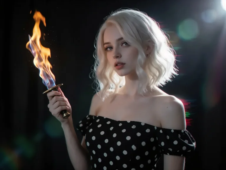 Blonde Woman In Polka Dot Dress Holding Flaming Dagger Dark...
