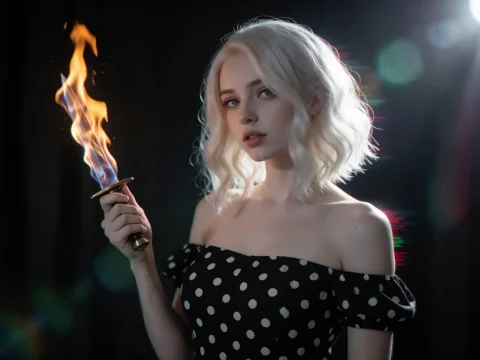 Blonde Woman In Polka Dot Dress Holding Flaming Dagger Dark... — Stable Diffusion AI Prompt: 🔥 blonde woman in polka dot dress holding flaming dagger dark background with l...