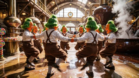 Inside A Bright Whimsical Chocolate Factory Hall With Polish... — Stable Diffusion AI Prompt: Inside a bright whimsical chocolate factory hall with polished metal pipes, cand...