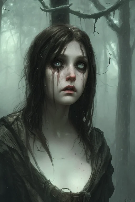 A Sad Creepy Girl In Dark Woodland,victorian, Concept Art, D...