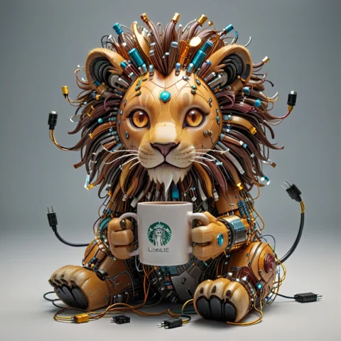 Made Of Transistors 3d Render Of A Humoristic Cute Lion Havi... — SDXL AI Prompt: made of Transistors 3D render of a humoristic cute lion having coffee, crafted f...