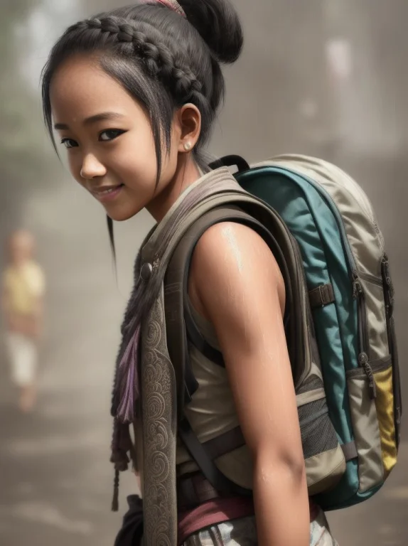 A Balinese Girl, Street Smiling, Backpack, Ponytails, Epic R...