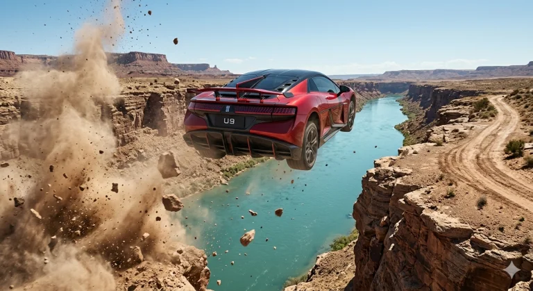 A Chinese Car Yangwang U9 Jumping Across A River