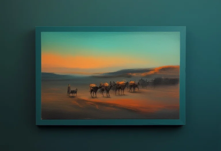 A Caravan Crossing The Silk Road At Dusk, Plein Air Painting...