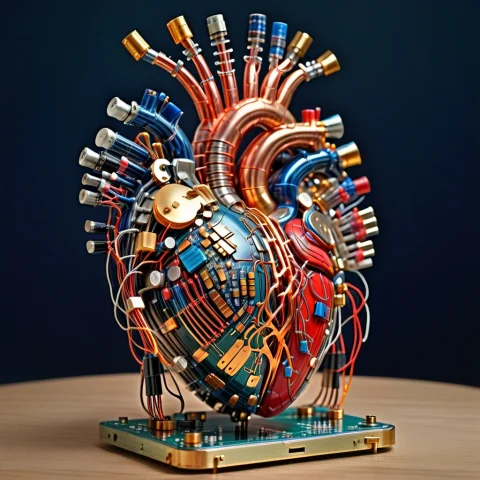 Transistors, A Human Heart Completely Rebuilt From Dense Col... — SDXL AI Prompt: Transistors, a human heart completely rebuilt from dense colorful electronics, i...