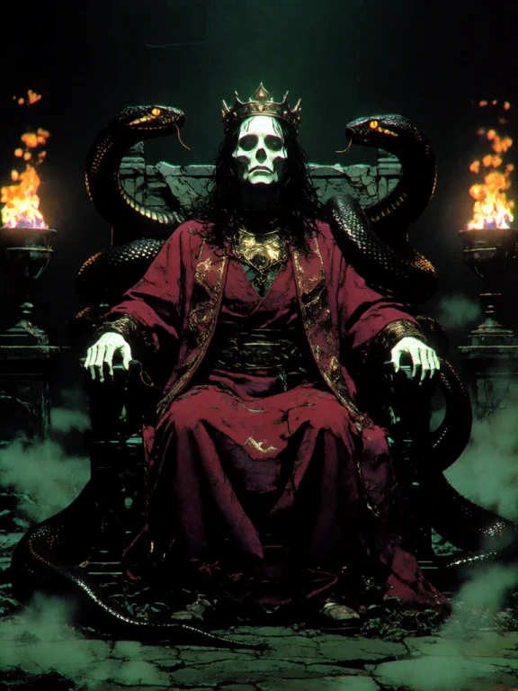 A Pale Gaunt King Sits Slumped On A Cracked Black Stone Thro...