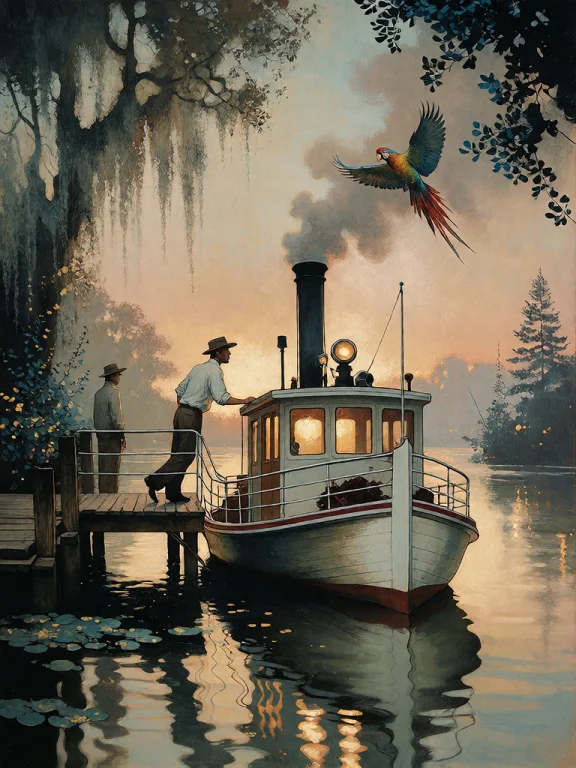 Bradhamel Art Style. A Vintage Steamboat Docked At A Wooden...