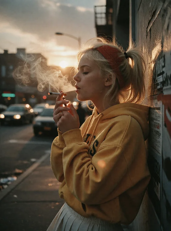 Cinematic Medium Side Shot, 24 Years Old Woman With Blonde P...