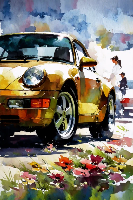 Watercolor Painting, Extremely Low Shot Of A Golden Porche 9...