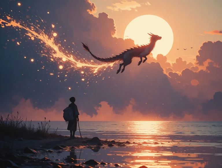 Fantasy Digital Painting, Wide Sunset Lake, Lone Traveler Si...