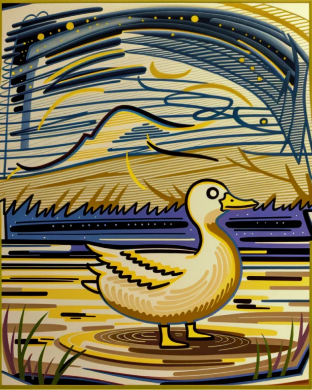 Duck, Lake, Night Sky, Traditional Media, Yellow Theme, Whit...