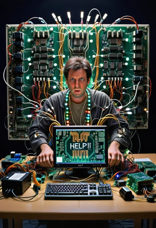 Transistors, A Man Sitting At A Desk, Front View, Scared, Wr...