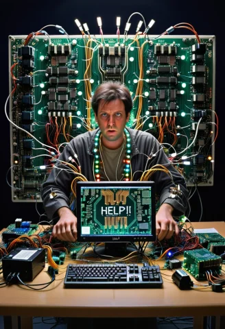Transistors, A Man Sitting At A Desk, Front View, Scared, Wr... — SDXL AI Prompt: Transistors, a man sitting at a desk, front view, ((scared)), ((wrapped up in wi...