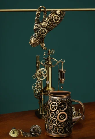 Macro Studio Photograph Of A Real Handmade Brass And Copper... — SDXL AI Prompt: macro studio photograph of a real handmade brass and copper clockwork sloth scul...