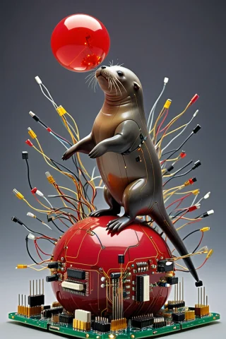 Tiny Sealion Jumping On A Big Red Ball, Scenery, Surreal.. T... — SDXL AI Prompt: tiny sealion jumping on a big red ball, scenery, surreal.. Transistors. dense ci...