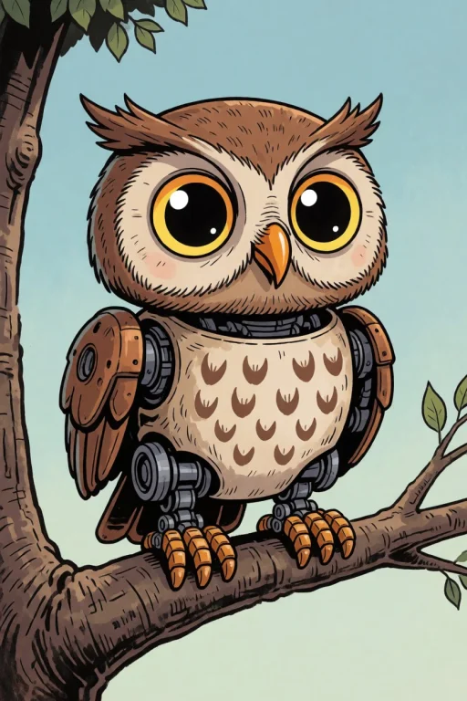 Mechanical Robot Cute Owl, On Tree Limb, Big Eyes, Silly Com...