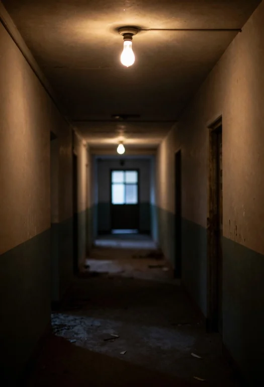 A Derelict Asylum Corridor Lit By One Flickering Bulb, Sharp...