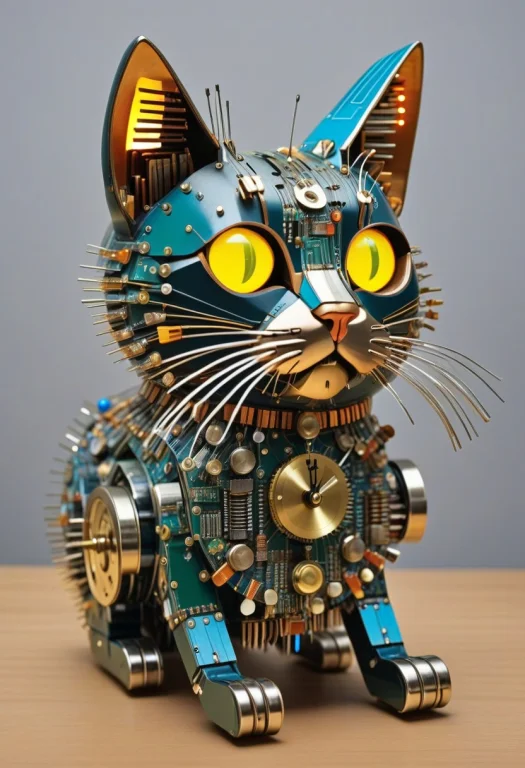 Transistors, A Cat Made Of Circuit Boards And Glowing Leds P...