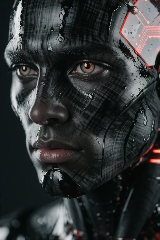 A Close-up Of A Male Android With Deep Obsidian-black Synthe...