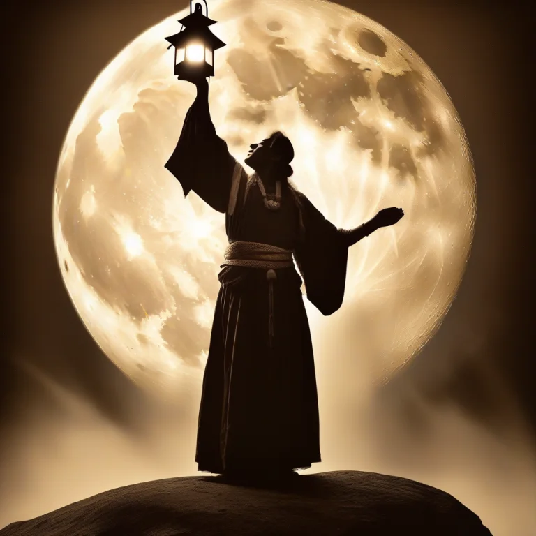 A Druid Raising Arms Beneath A Full Moon, Lantern Light, Hig...