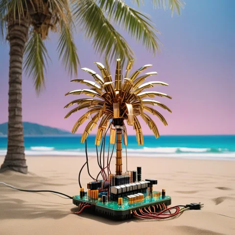 Mechanical, Transistors, Palm Tree, Vaporwave, Beach, Outdoo... — SDXL AI Prompt: mechanical, Transistors, palm tree, vaporwave, beach, outdoors, summer