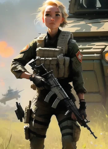 Samdoesarts An Image Of Woman With Short Blonde Hair, With M... — Stable Diffusion AI Prompt: samdoesarts; an image of woman with short blonde hair, with military gear, cargo...