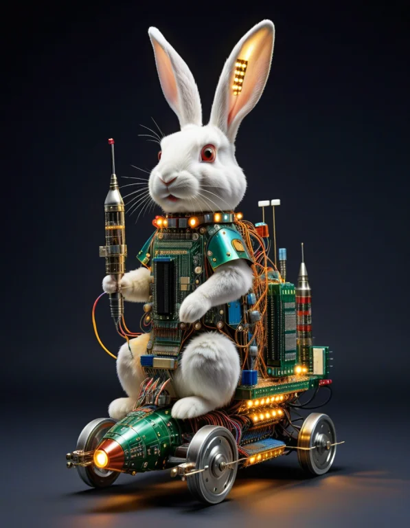 A Rabbit Riding A Rocket , At Night Made Of Transistors, Den...