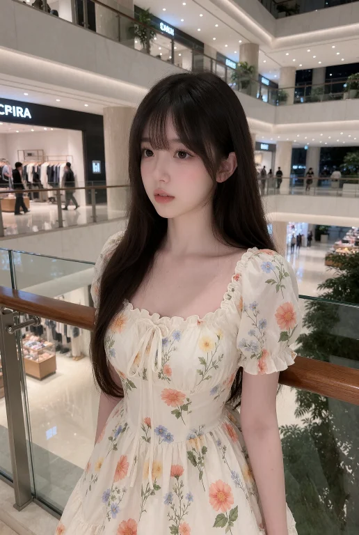 现代高端购物中心中庭的写实街拍摄影，画面采用七分身中景构图，...