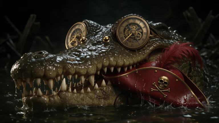 Frightening Clockwork Crocodile, Extreme Close-up Animal Fac...