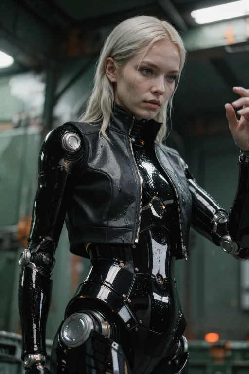 A Female Android With Glossy Obsidian-black Synthetic Platin...