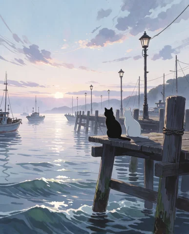 A Black Cat And A White Cat Sit Side By Side On An Old Woode... — Stable Diffusion AI Prompt: A black cat and a white cat sit side by side on an old wooden pier, gazing out o...