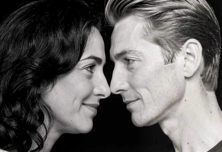 Close Up Black And White Photo Of A Man And A Woman, Their F...