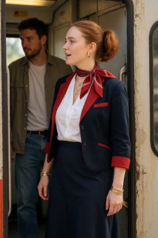 View From Side, 21 Year Irish Woman, Train Conductor Uniform... — Stable Diffusion AI Prompt: view from side, 21 year irish woman, train conductor uniform in dark blue and re...