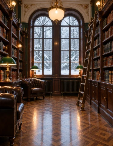 Ru551an 1n5t1tut3, Photorealistic Library, Mahogany Shelves,... — Stable Diffusion AI Prompt: ru551an 1n5t1tut3, photorealistic library, mahogany shelves, brass ladder, green...