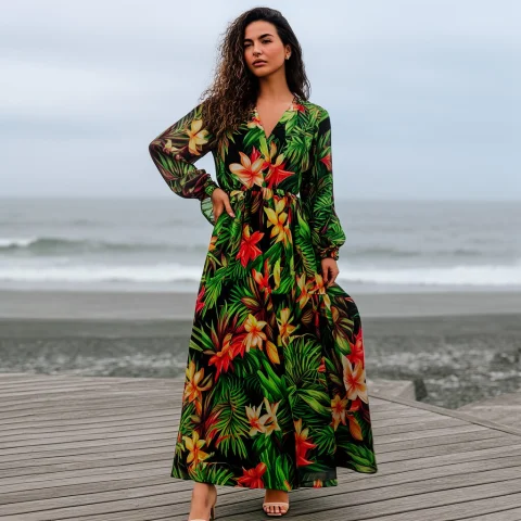 Three-quarter, Full-body Portrait Of A Stunning Latina Model... — Stable Diffusion AI Prompt: Three-quarter, full-body portrait of a stunning Latina model, wearing a tropical...