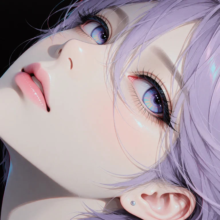 An Extreme Close-up Of A Woman With Short Lavender Hair. Her...