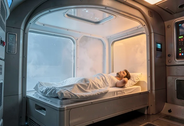 A Cryosleep Chamber Humming With Pale Blue Light, Warm Ambie...