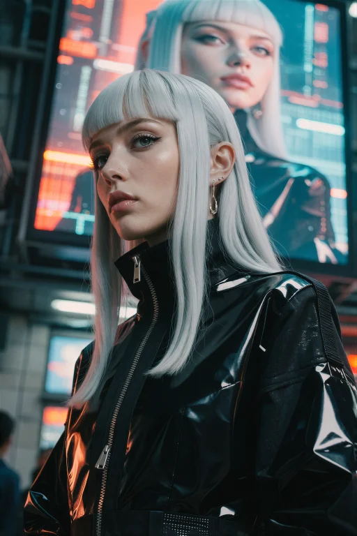 A Woman With Pale Skin And Platinum Silver Hair Styled In Sh...