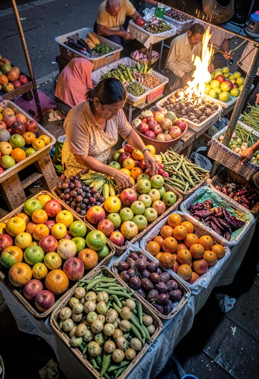 A Market Vendor Arranging Bright Fruit At A Stall, Firelight...