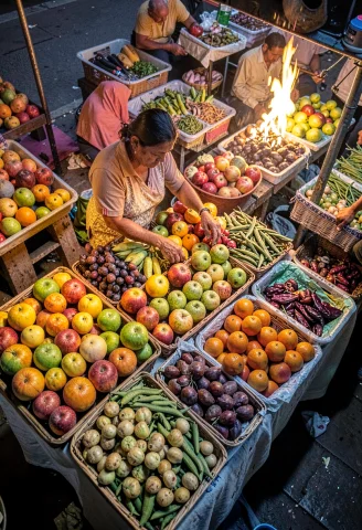 A Market Vendor Arranging Bright Fruit At A Stall, Firelight... — Stable Diffusion AI Prompt: a market vendor arranging bright fruit at a stall, firelight, high angle shot, h...