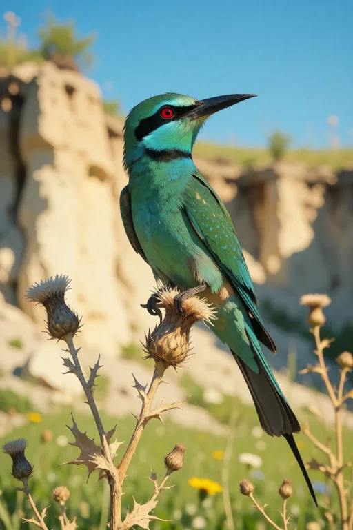 Nature, A Blue-cheeked Bee-eater Perched On A Dry Thistle St...