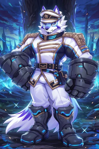 Sadayoshi, Wolf Boy, White Fur, Blue Eyes, Blue Fur, White P... — Stable Diffusion AI Prompt: #sadayoshi, wolf boy, white fur, blue eyes, blue fur, white peaked cap, military...
