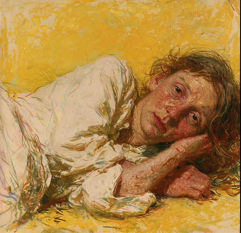 M1v8 A Reclining Figure Wearing Simple White Linen At The Hi...