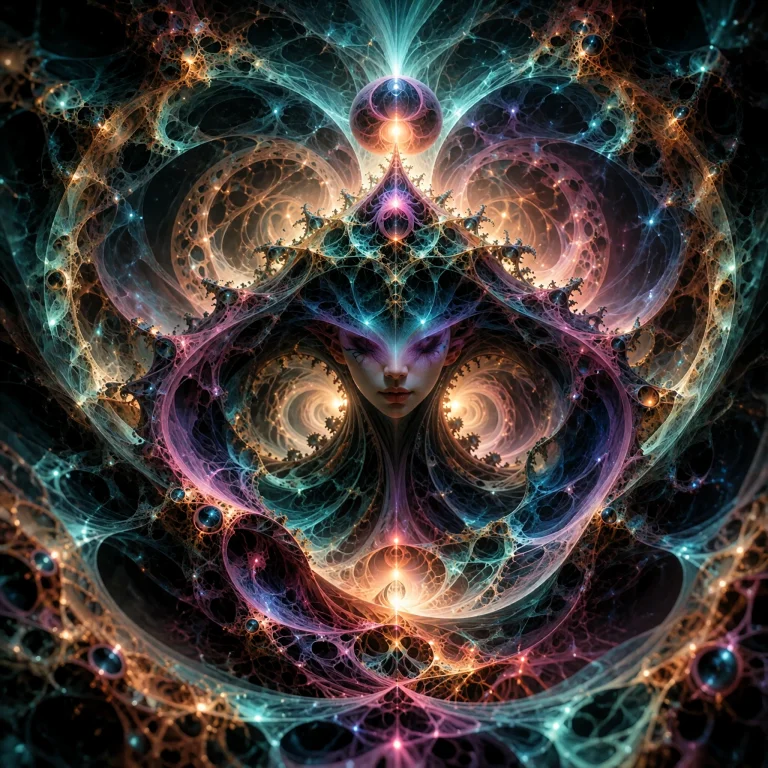 A Symmetrical, Cosmic Fractal Scene Centered On A Serene, Fe...