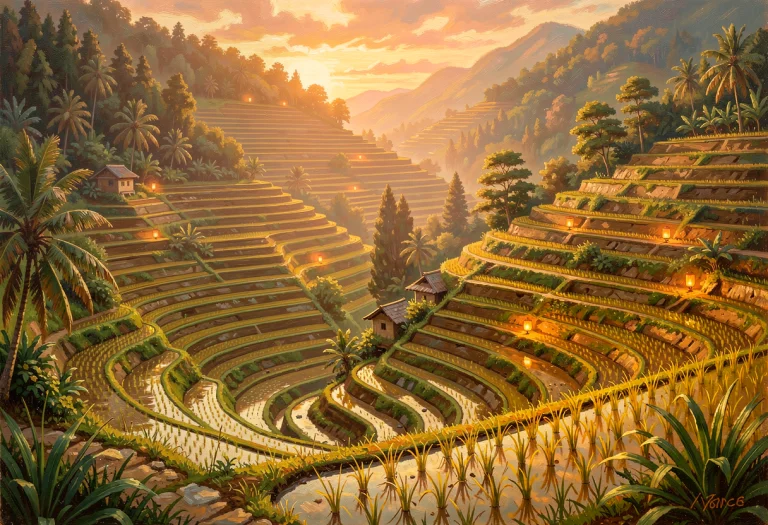 Terraced Rice Paddies Stepping Down A Hillside, Plein Air Pa...