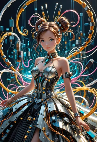 Single Bun, Updo, A Stunning, Elegant Female Figure Sculpted... — SDXL AI Prompt: single bun, updo, A stunning, elegant female figure sculpted from Transistors, s...
