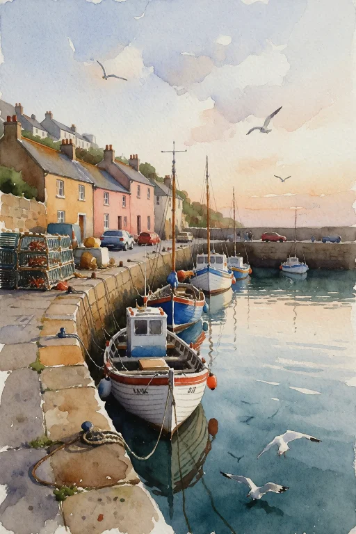 A Watercolour Painting On Textured Paper Of A Small Fishing...