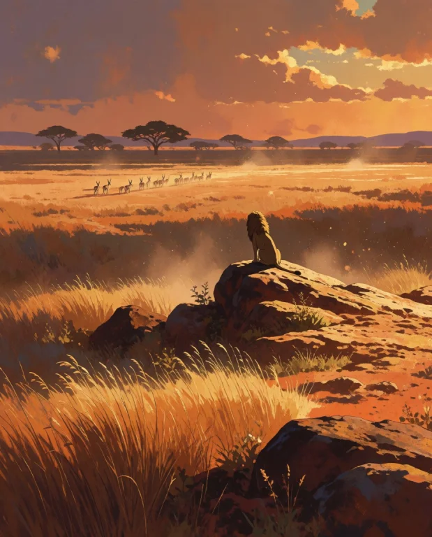 A Lone Lion Sits Atop A Sunbaked Rocky Outcrop, Gazing Out O...